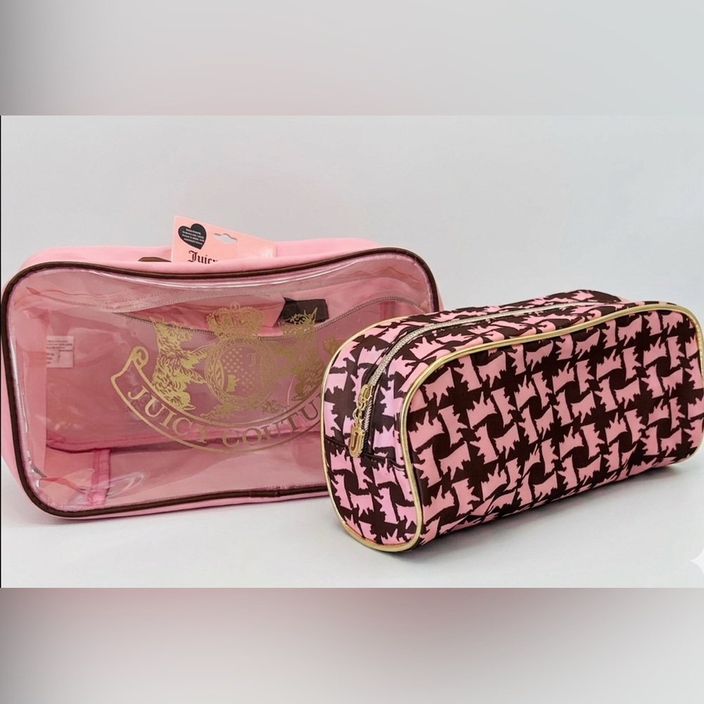 Juicy Couture Pink and Brown Houndstooth Cosmetic Bag Set NWOT